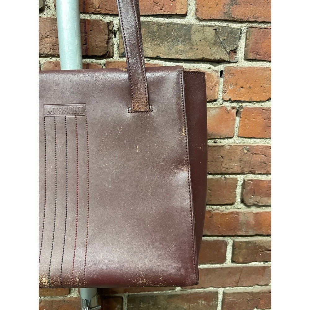 Missoni Leather Tote Bag Burgundy Textured Stitch Shoulder Purse Womens M VTG - Picture 3 of 16